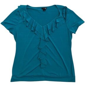 East 5th Teal Ruffle‎ Trim Short Sleeve V Neck Blouse